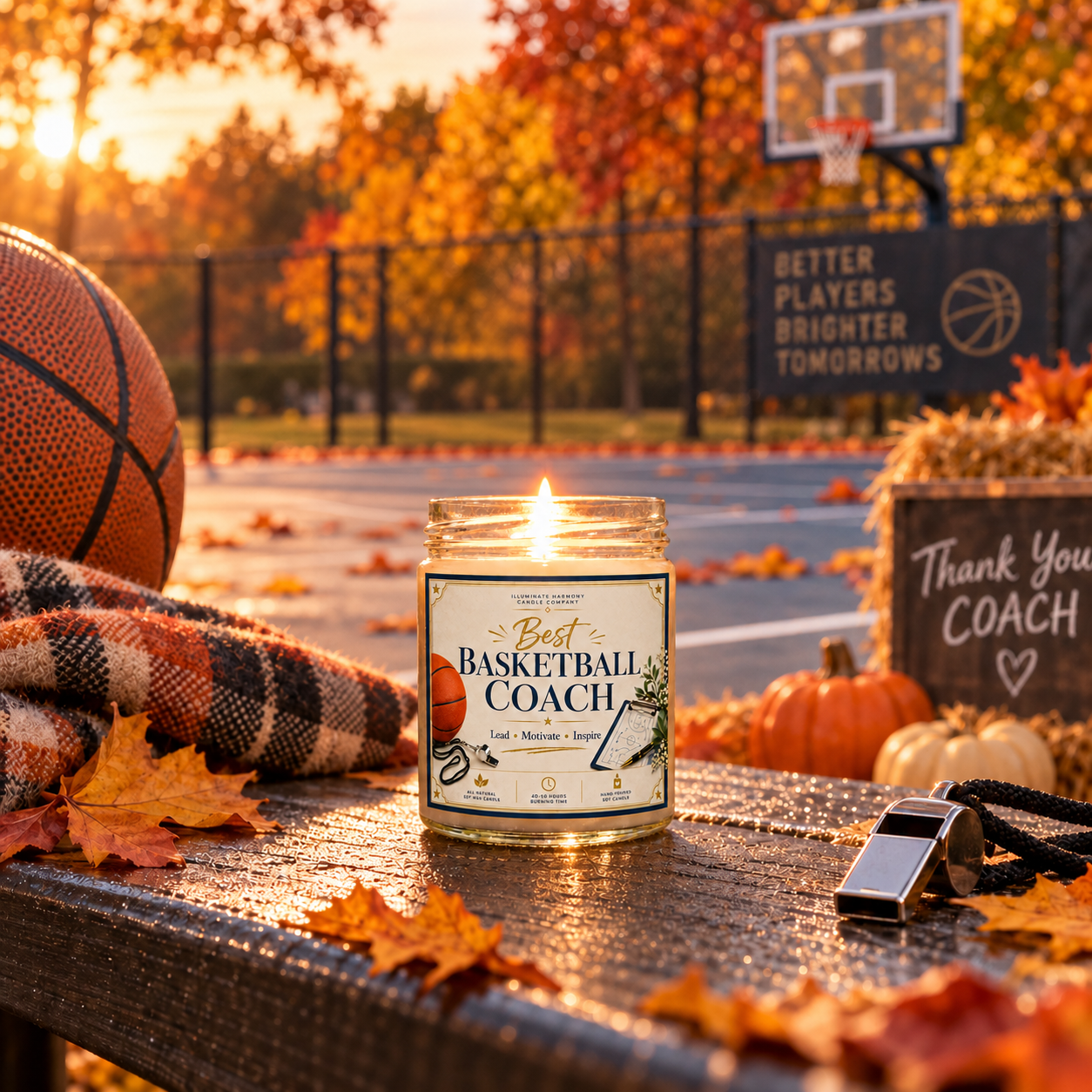 Best-Basketball-Coach-Candle-In A Beautiful Fall-Themed-Background