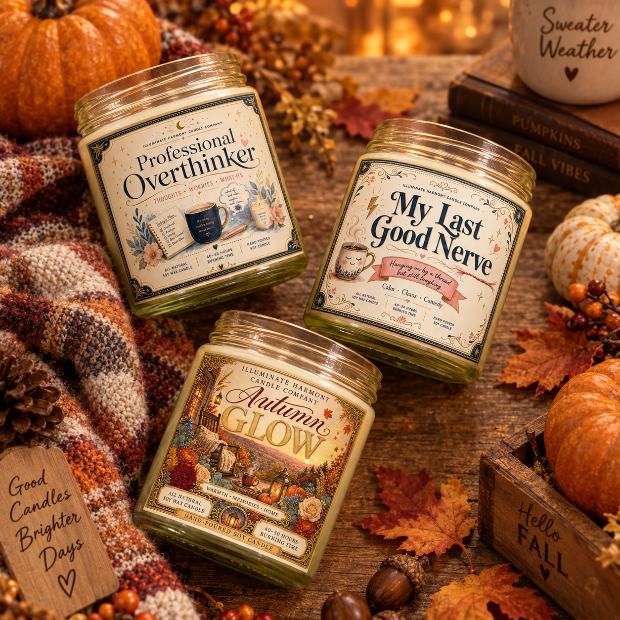Fall Candle Trio Placed On Wooden Table In A Fall Themed Background