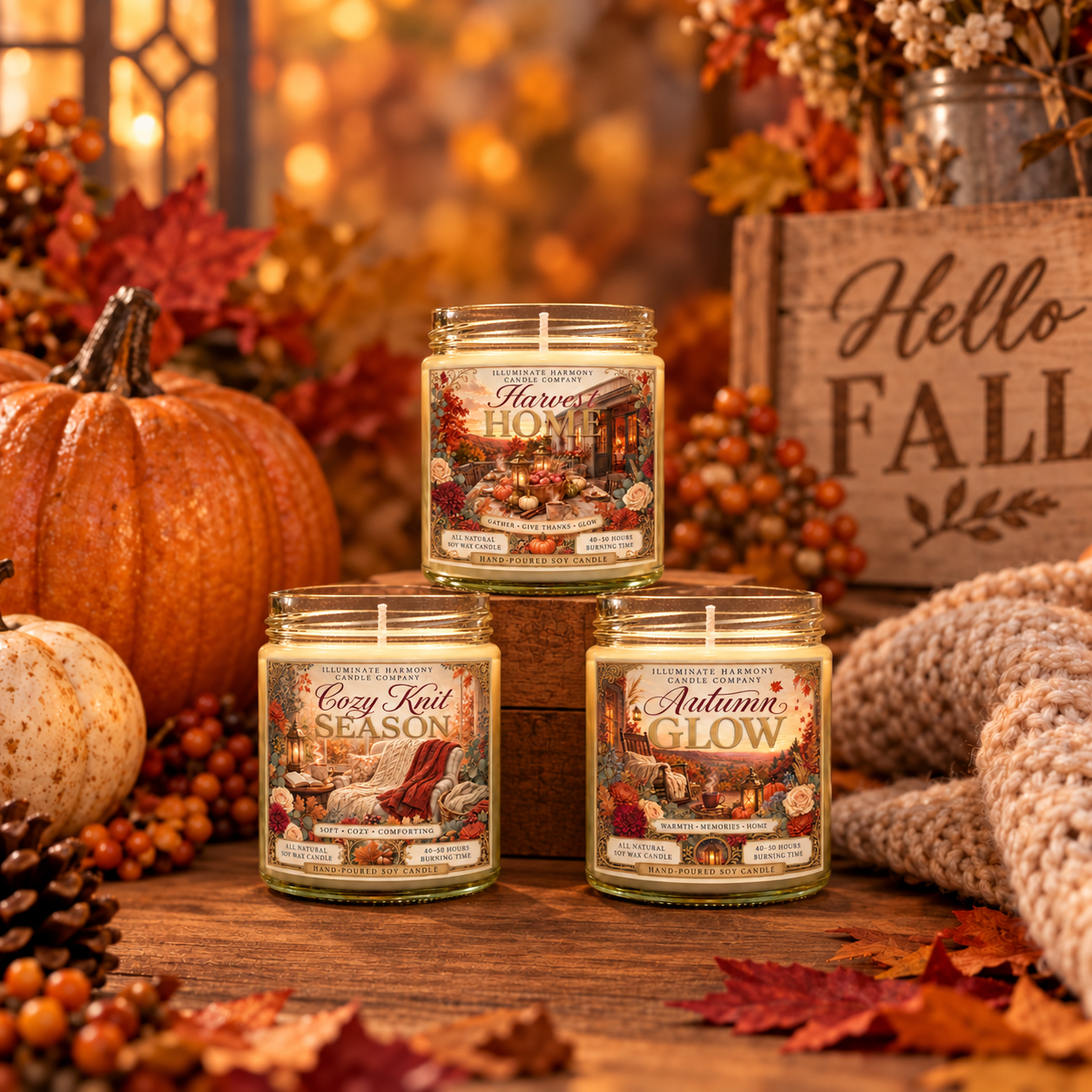 Fall Candle Trio In A Beautiful Fall Themed Background