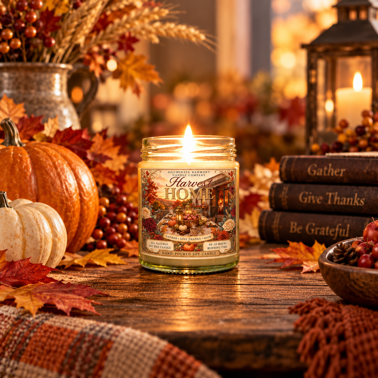 Harvest Home Candle In A Beautiful Fall Themed Background.