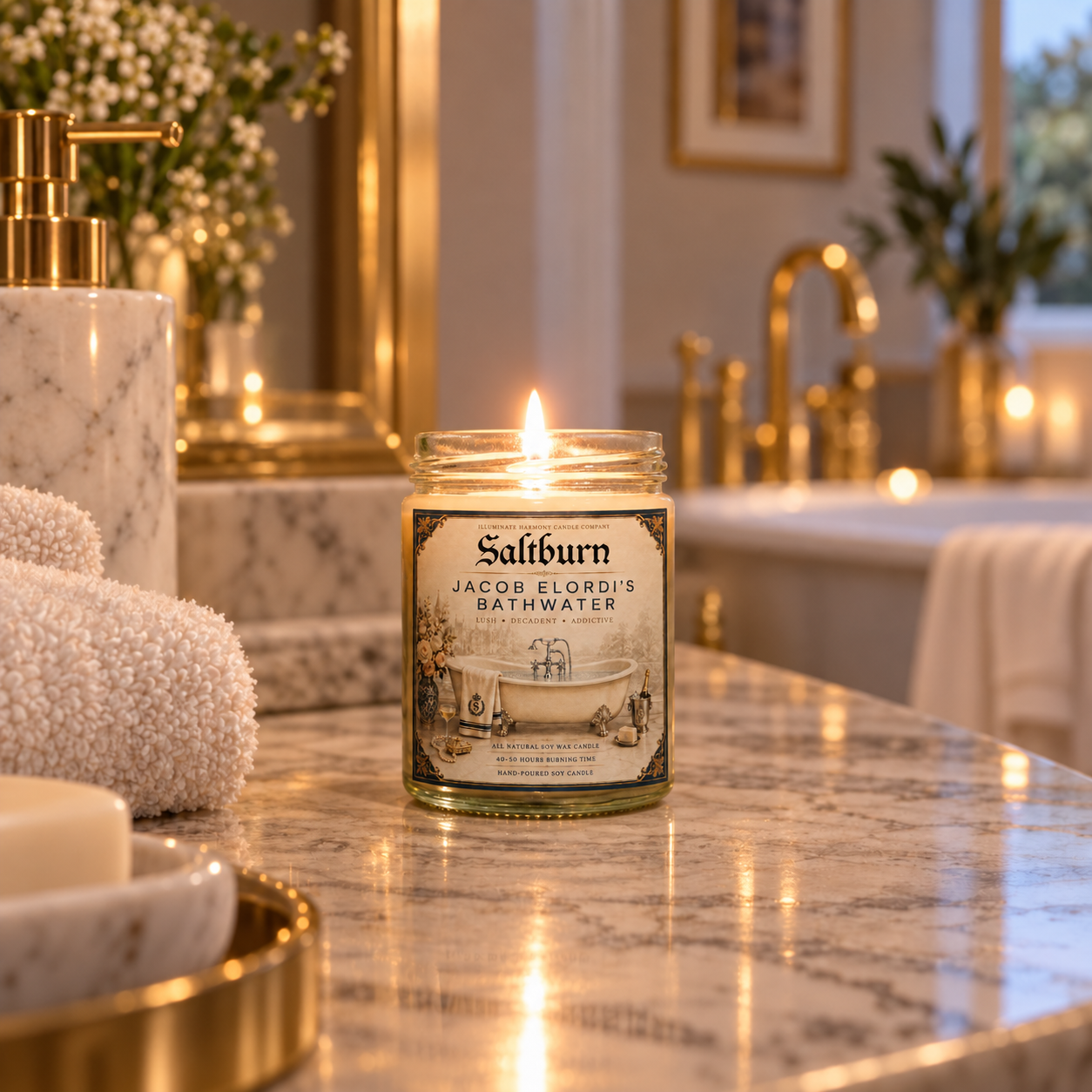 Saltburn Candle In A Luxurious Bathroom.